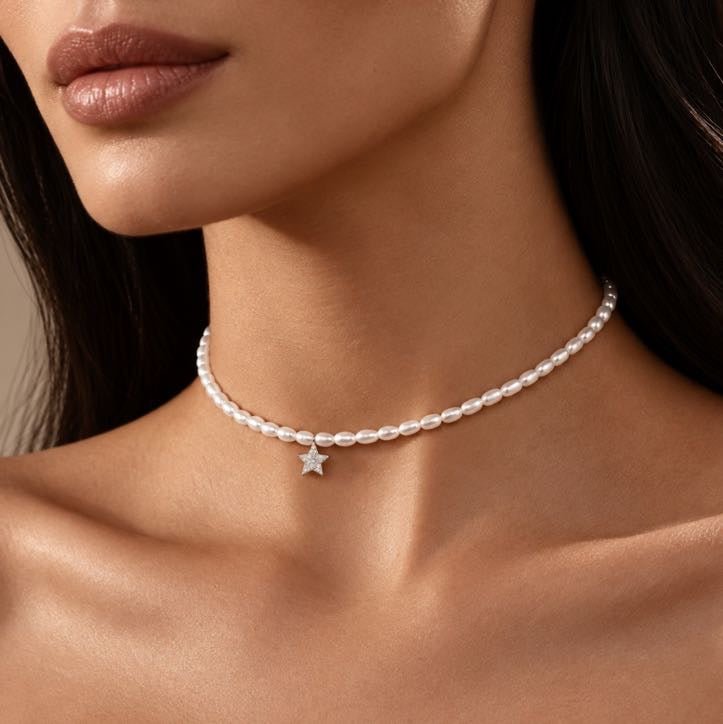 Diamond Star Pearl Choker – Little Star necklace, solid 18K gold, view 2 of 8