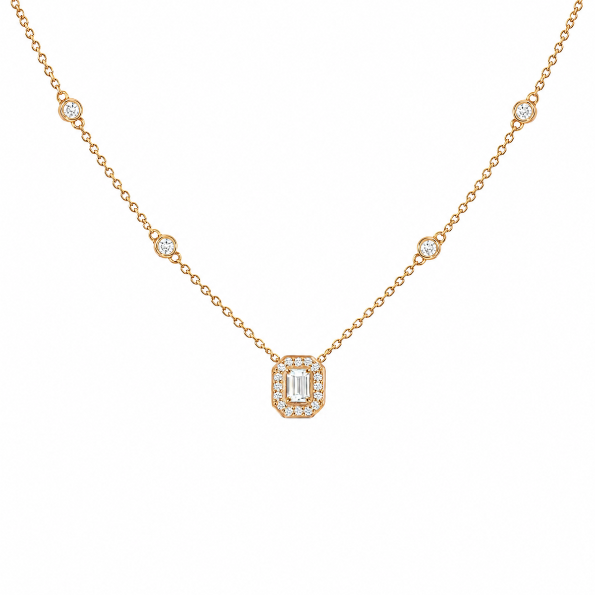 Emerald-cut diamond halo necklace in 18K gold – Charlotte Premium