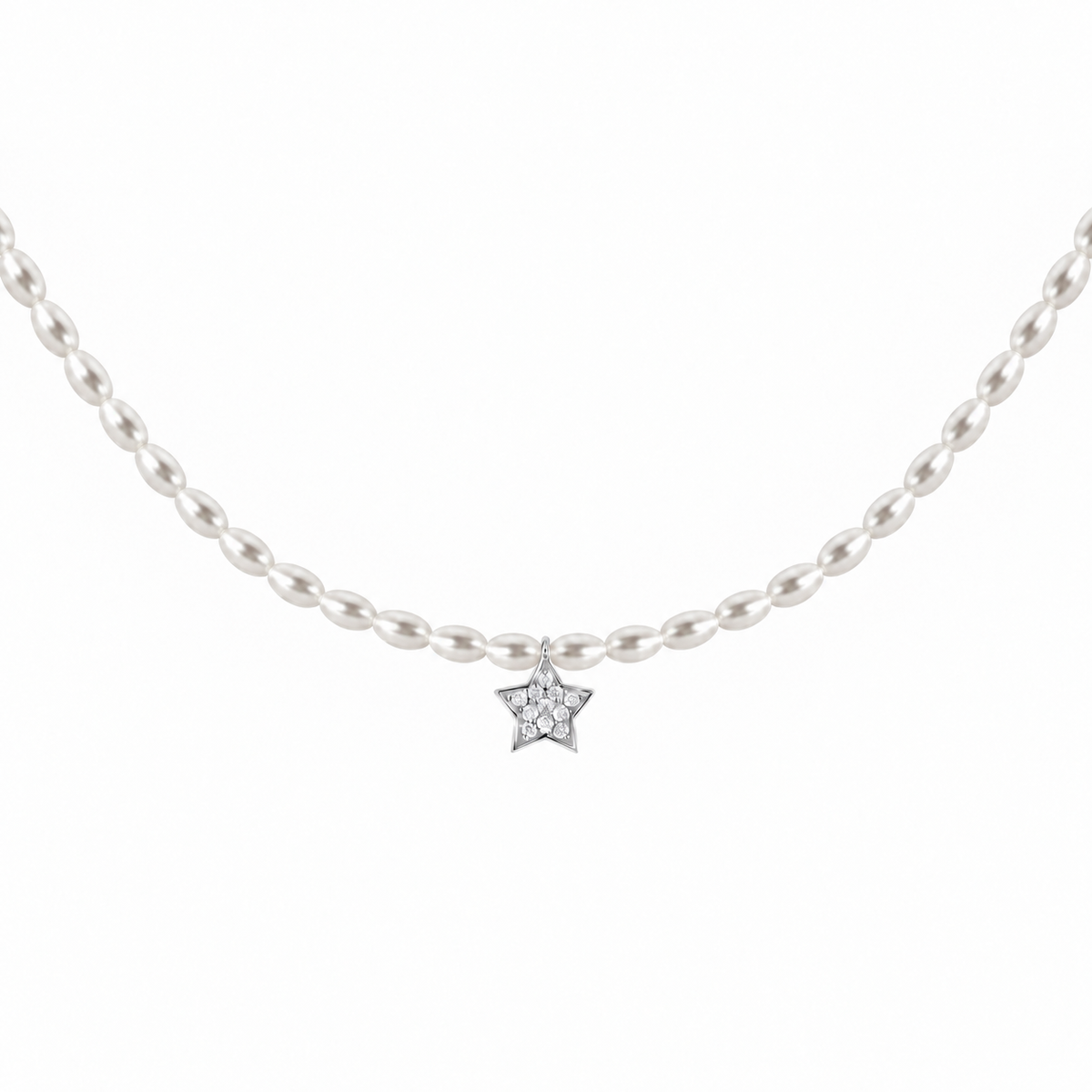 Diamond Star Pearl Choker – Little Star, pavé diamond star on a rice-pearl strand