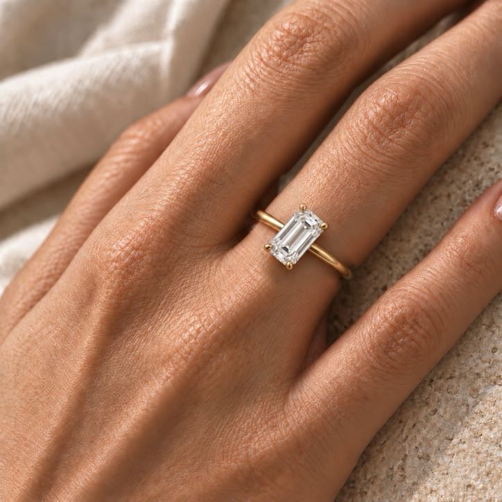 Emerald Solitaire Ring, lab-grown diamond in solid 18K gold, view 2 of 5