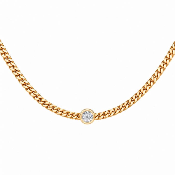 Round Bezel Cuban Choker necklace, solid 18K gold, view 3 of 5