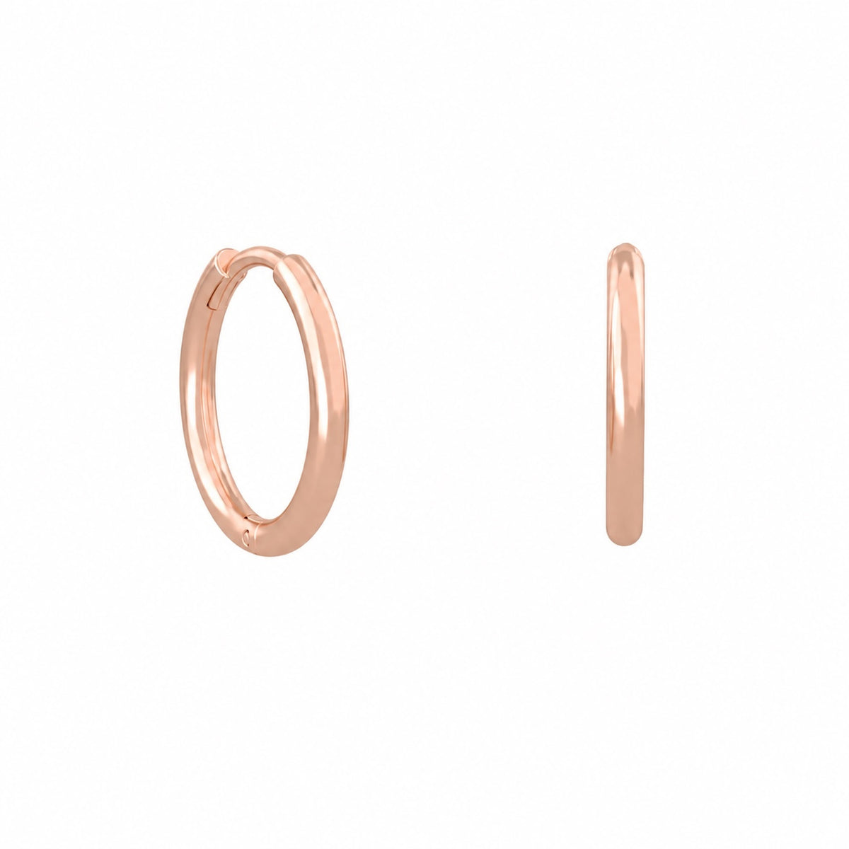 Classic Hoop Earrings, fine plain hoop in 18K rose gold, front and side view