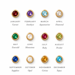 Birthstone chart by month - 18K gold bezel-set stones by Aquae Jewels