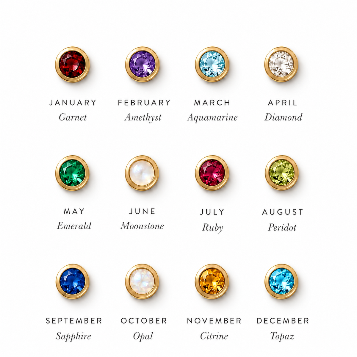 Birthstone chart by month - 18K gold bezel-set stones by Aquae Jewels