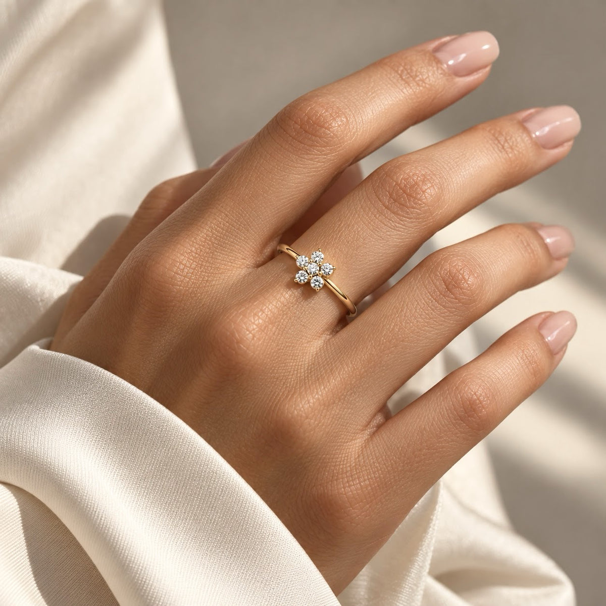 Fairy Flower Ring worn on the hand, solid 18K gold and diamonds, by Aquae Jewels