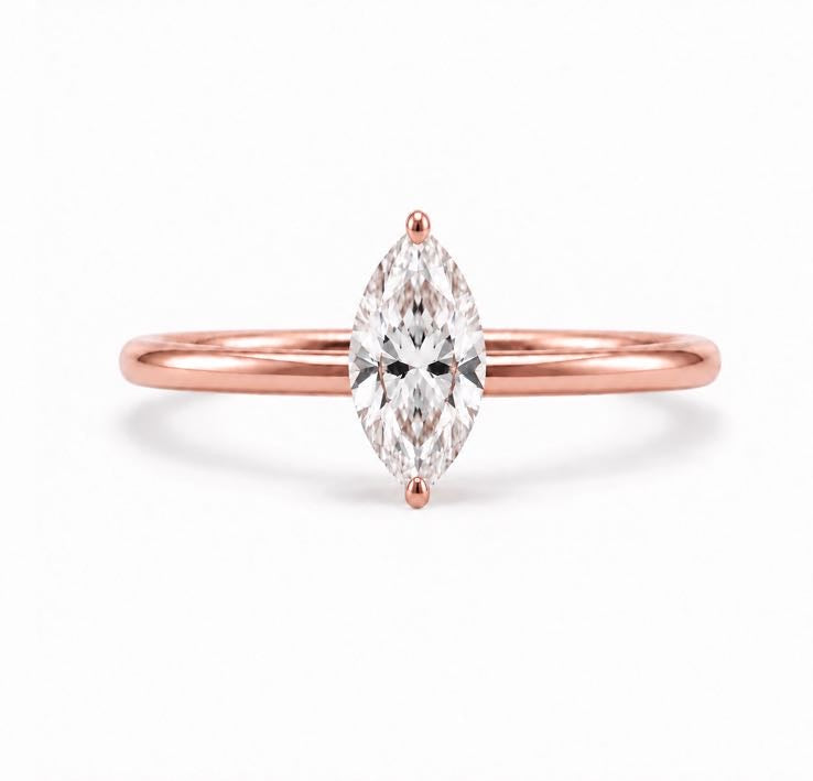 Marquise Solitaire Ring, lab-grown diamond in solid 18K gold, by Aquae Jewels