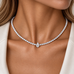 Pear-cut diamond tennis necklace in 18K gold, worn