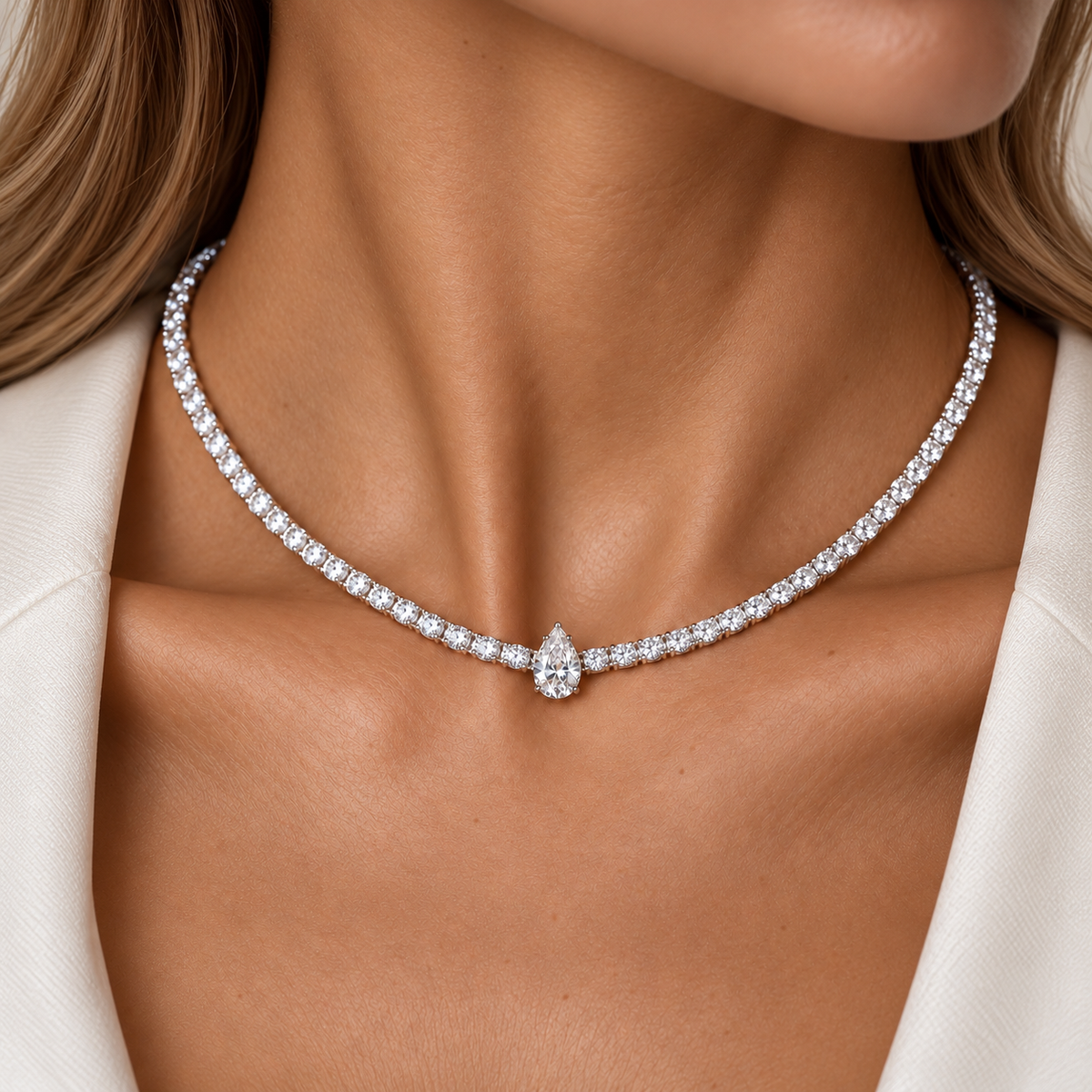 Pear-cut diamond tennis necklace in 18K gold, worn