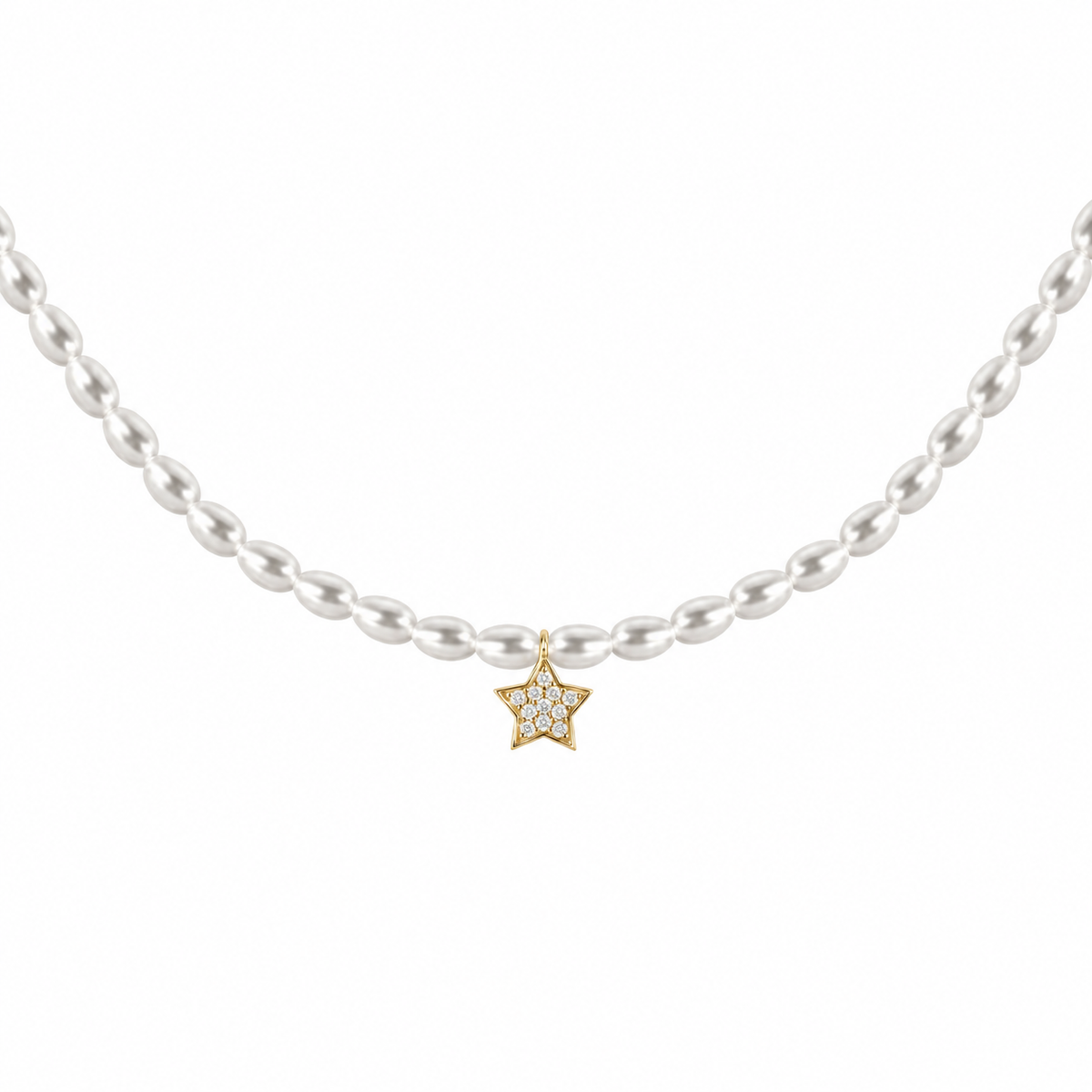 Diamond Star Pearl Choker – Little Star, pavé diamond star on a rice-pearl strand