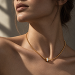 Gold Bead Necklace with Diamond Duo – Luminara worn, 18K yellow gold bead chain with its diamond centrepiece resting at the collarbone