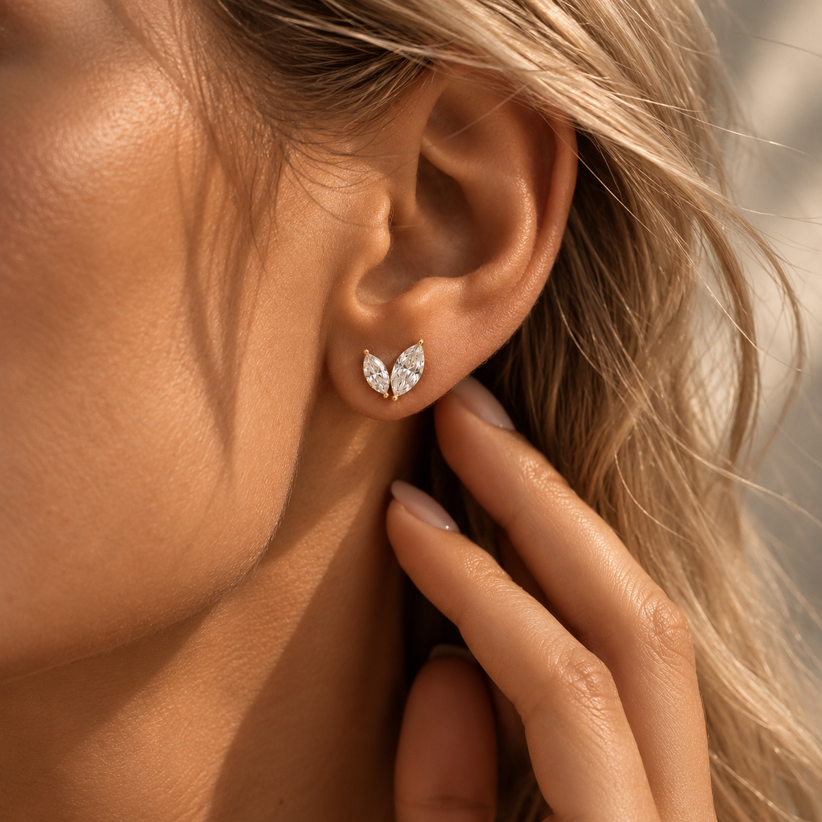 Dual Auriol Marquise Stud Earrings, solid 18K gold, by Aquae Jewels