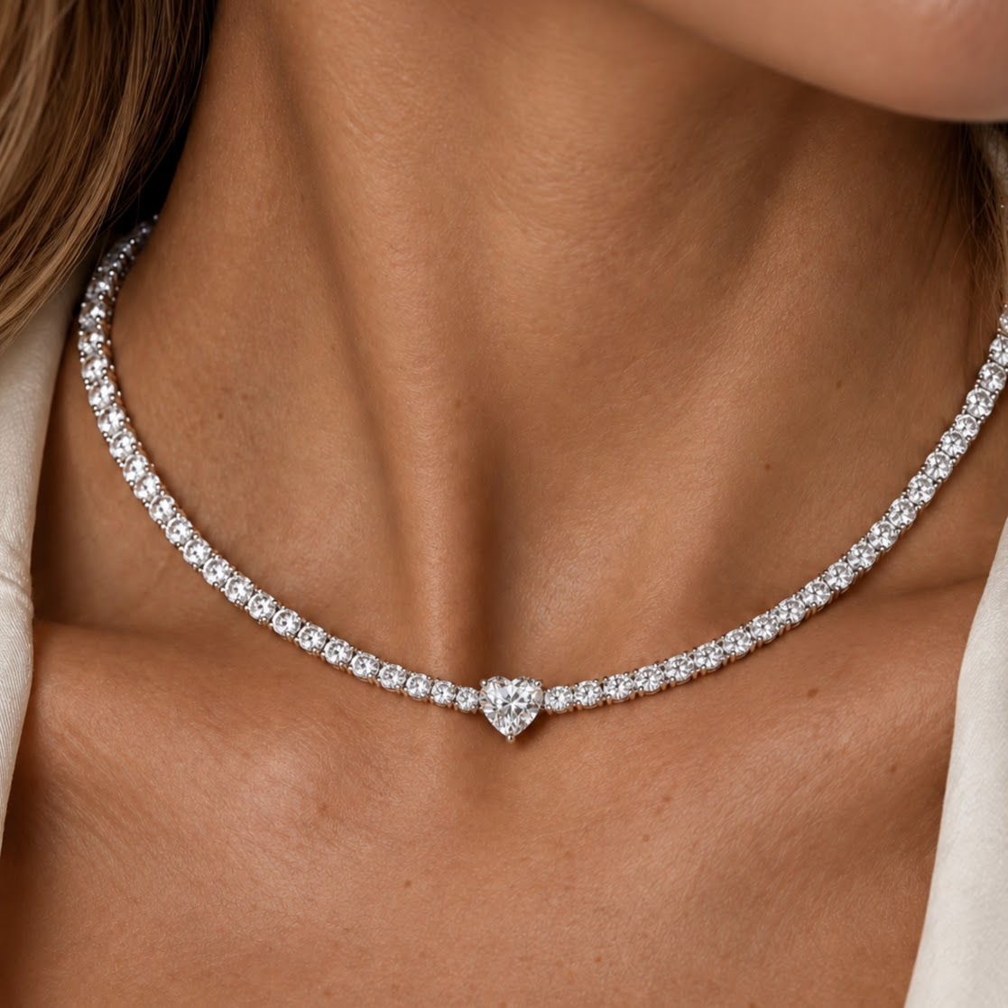 Heart-cut diamond tennis necklace in 18K gold, worn