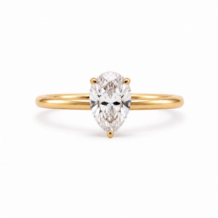 Pear Solitaire Ring, lab-grown diamond in solid 18K gold, by Aquae Jewels