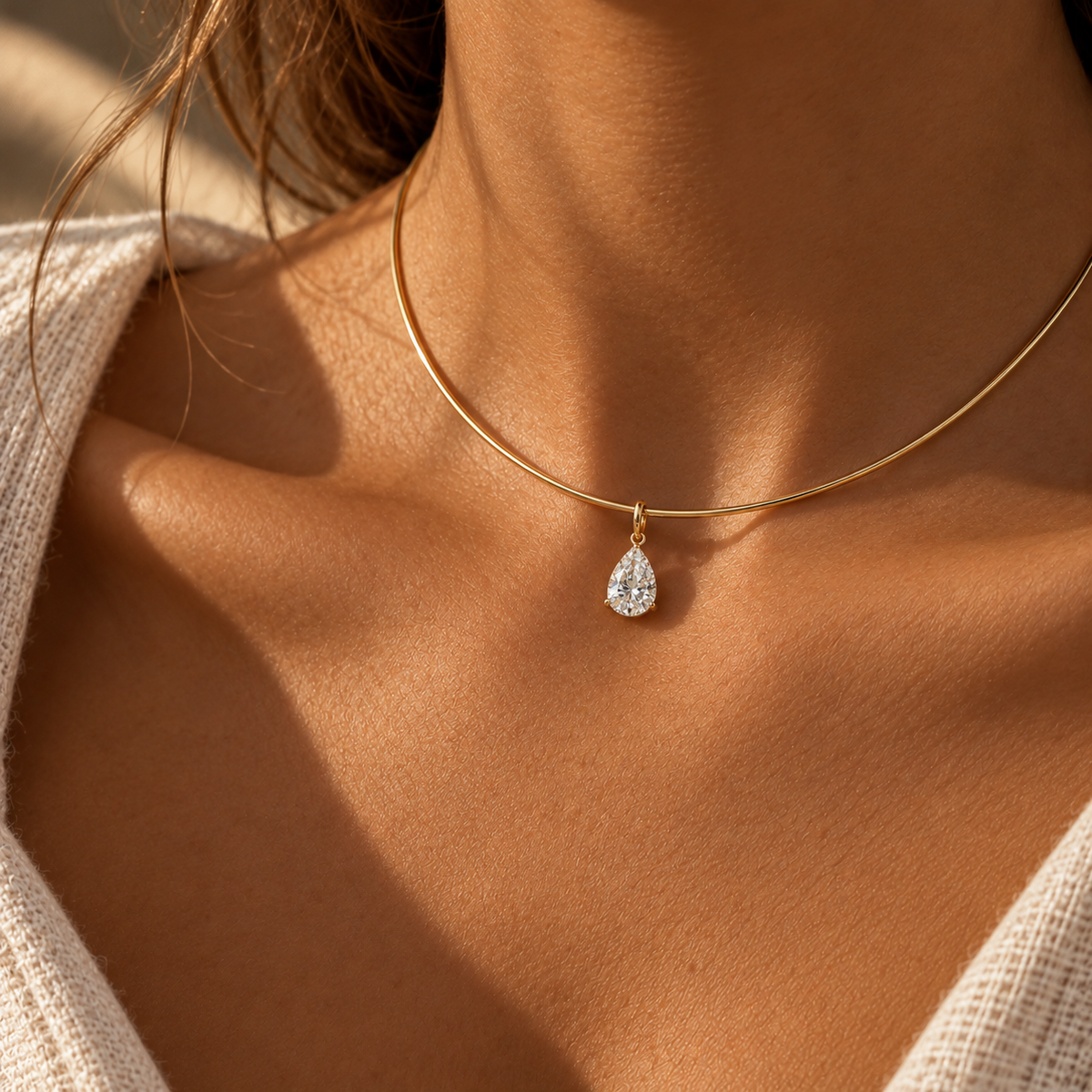 Diamond Drop Omega Choker necklace, solid 18K gold, by Aquae Jewels
