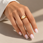 Initial Love Versailles Ring worn on the hand, solid 18K gold, by Aquae Jewels