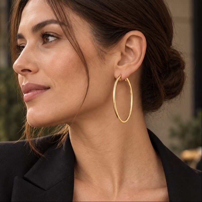 Duomo Hoop Earrings worn — a large plain hoop in 18K yellow gold on the ear