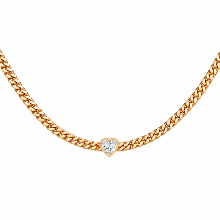 Cuban Heart Choker in 18K gold, heart-cut diamond set into the Cuban link chain, view 2 of 6