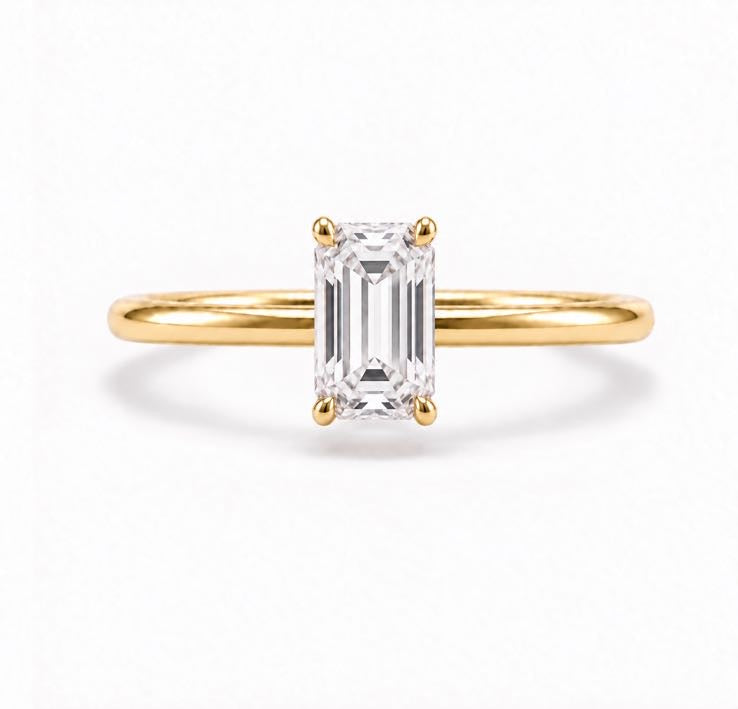 Emerald Solitaire Ring, lab-grown diamond in solid 18K gold, by Aquae Jewels