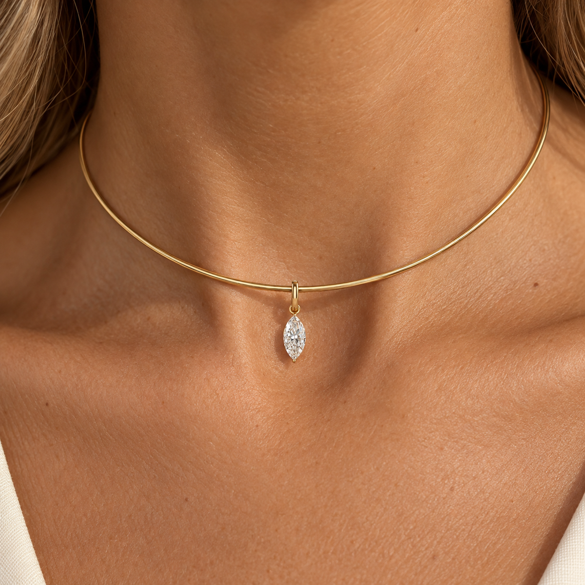 Diamond Drop Omega Choker necklace, solid 18K gold, by Aquae Jewels