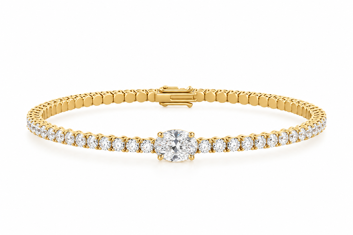 Oval Diamond Tennis Bracelet, solid 18K gold with an oval lab-grown diamond centre, by Aquae Jewels