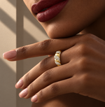 3 Diamond Rows Helix Ring worn on the hand, solid 18K gold and diamonds, by Aquae Jewels