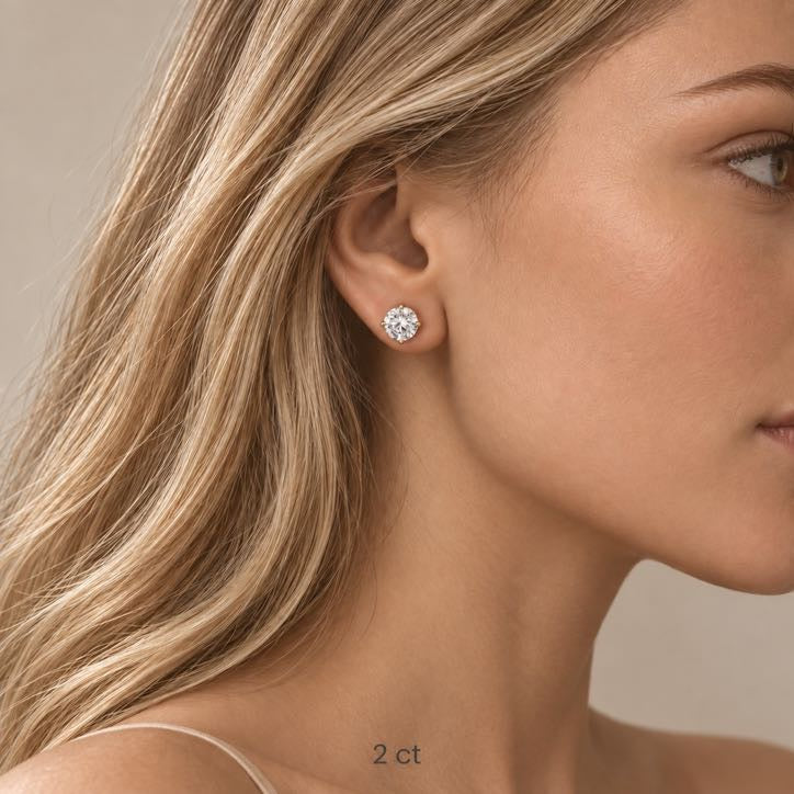 Pure Solitaire Stud Earrings worn on the ear, diamond solitaire in 18K gold