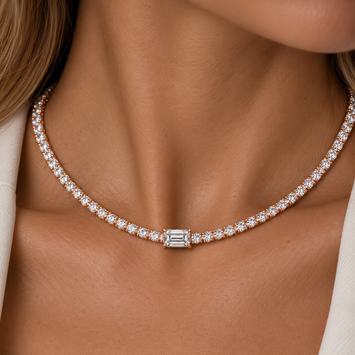 Emerald-cut diamond tennis necklace in 18K gold, alternate view