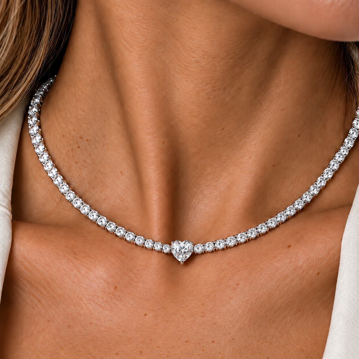 Heart-cut diamond tennis necklace in 18K gold, worn