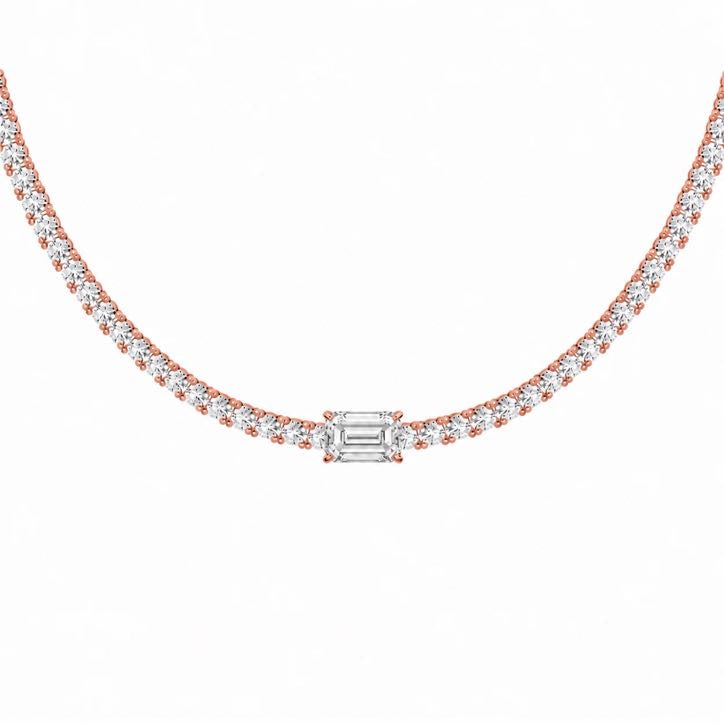 Emerald-cut diamond tennis necklace in 18K gold, alternate view