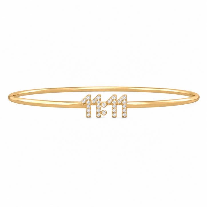 11:11 Gold Bangle, solid 18K gold with diamond numerals, by Aquae Jewels