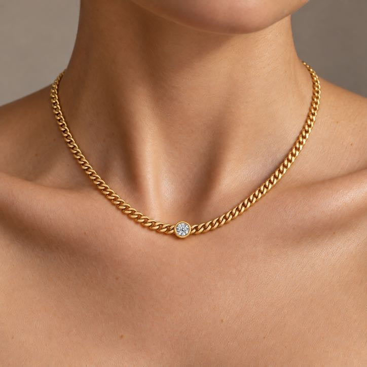 Round Bezel Cuban Choker necklace, solid 18K gold, view 4 of 5