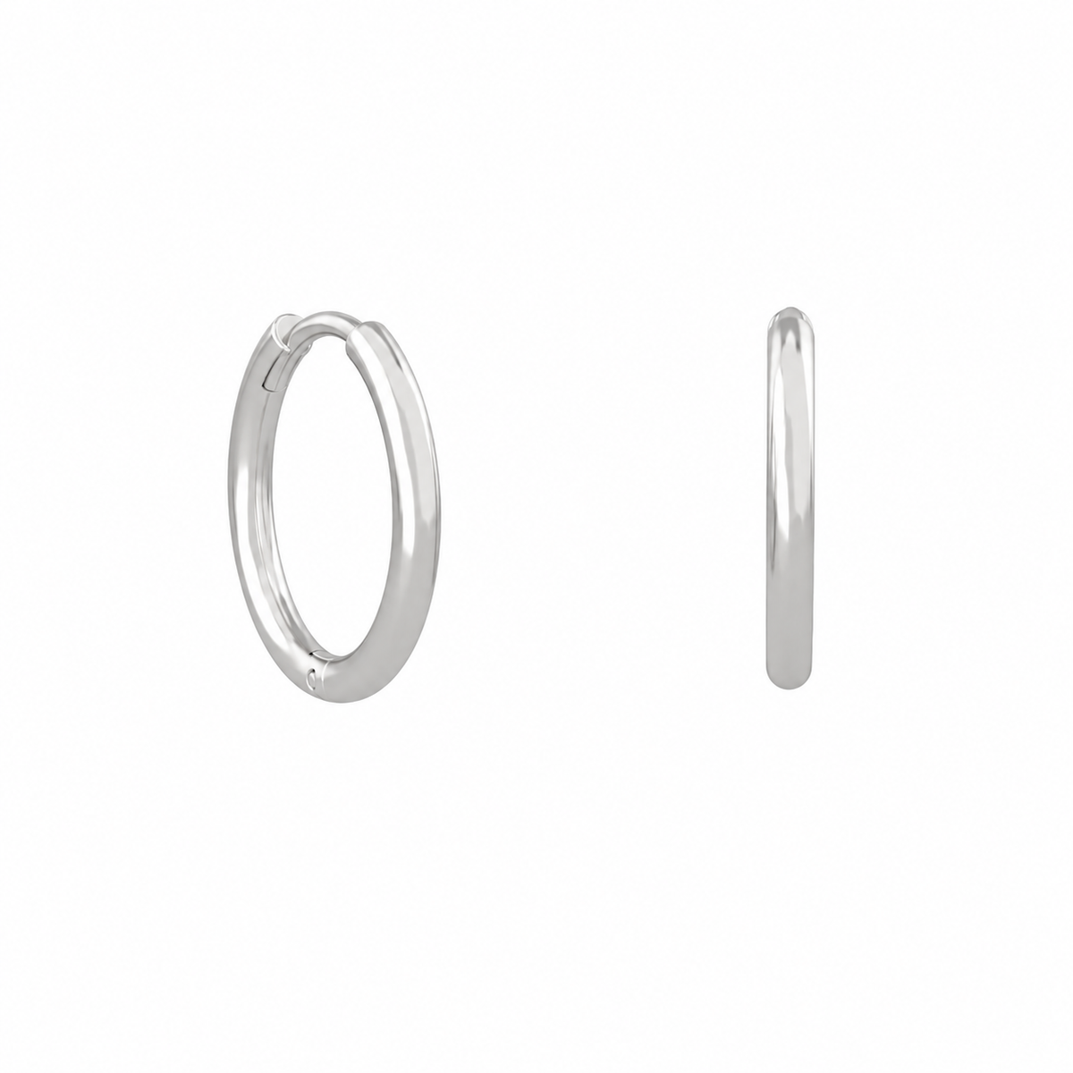 Classic Hoop Earrings, fine plain hoop in 18K white gold, front and side view