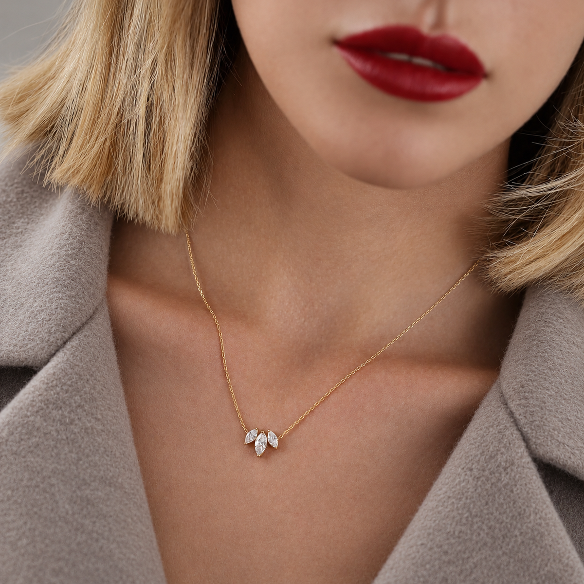 Three-Stone Marquise Diamond Necklace – Tudor – Lab-Grown Diamond, 18K gold