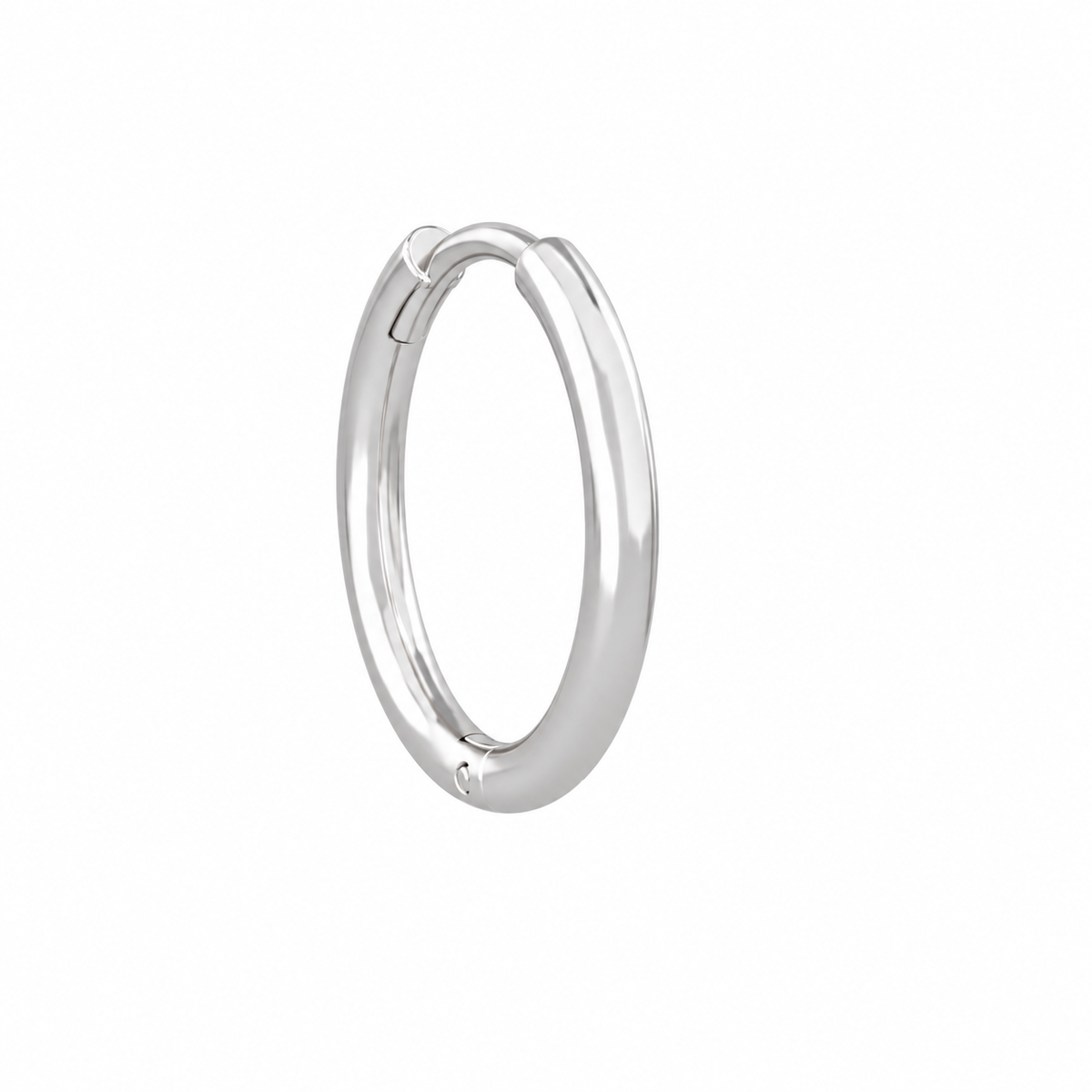 Classic Hoop Earring, single fine plain hoop in 18K white gold, front and side view