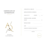 Certificate of authenticity supplied with every Aquae Jewels piece, recording the 18K gold 750 hallmark, the reference, the diamond weight and the atelier's signature