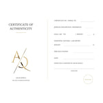 Certificate of authenticity supplied with every Aquae Jewels piece, recording the 18K gold 750 hallmark, the reference, the diamond weight and the atelier's signature