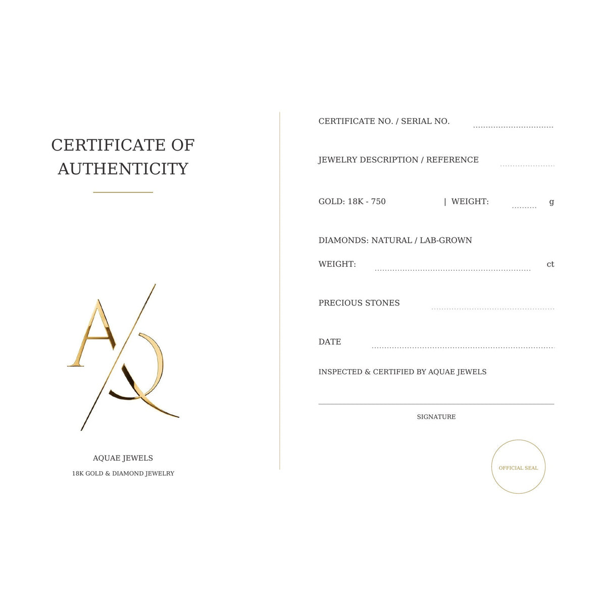 Certificate of authenticity supplied with every Aquae Jewels piece, recording the 18K gold 750 hallmark, the reference, the diamond weight and the atelier's signature