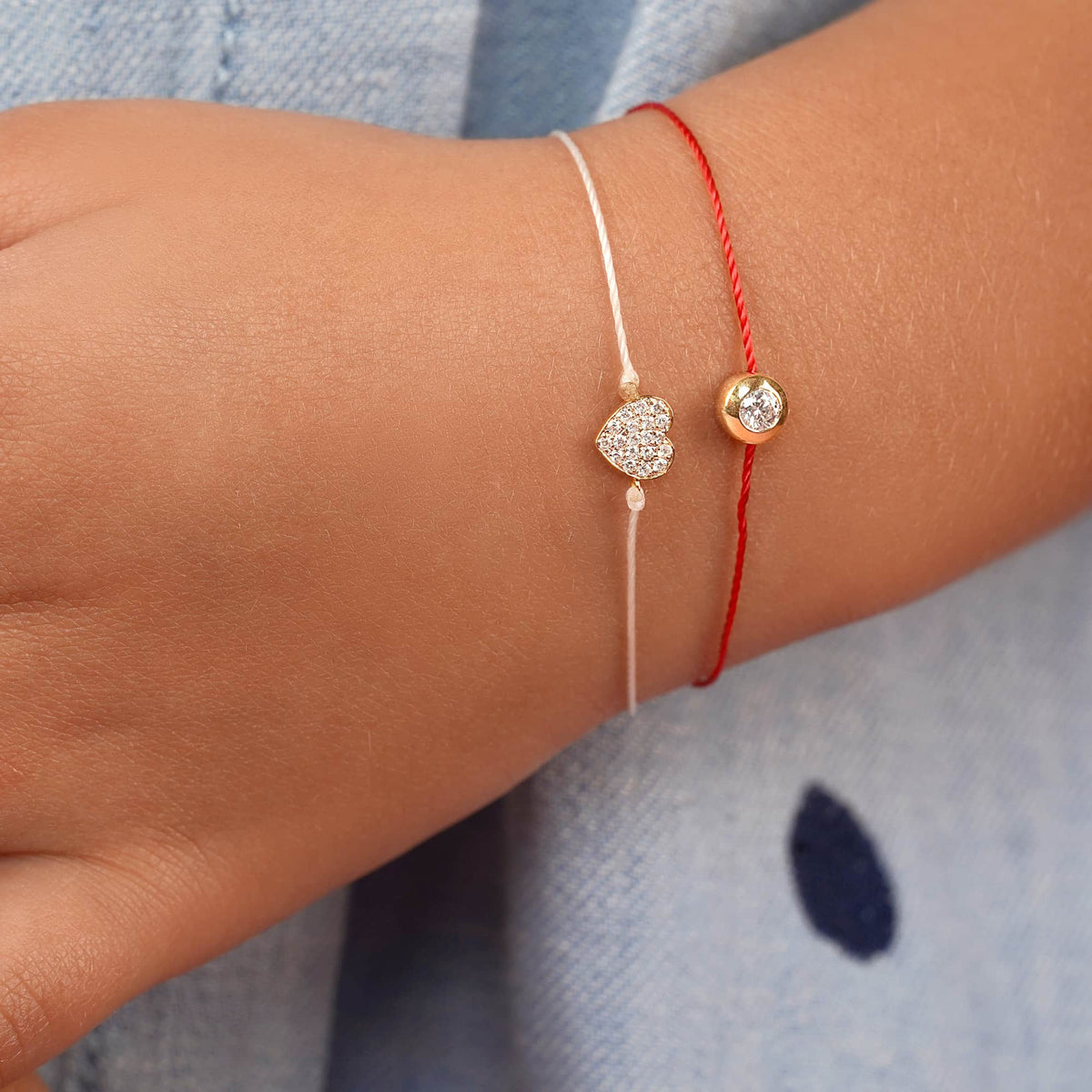 BABY BRACELET DIAMOND HEART ON THREAD AND 18K GOLD