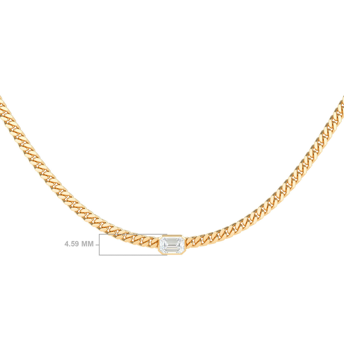Cuban chain choker in yellow 18K gold with an emerald-cut diamond, worn at the neck