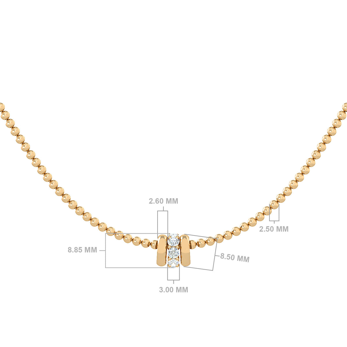Luminara necklace in 18K yellow gold, shown with its dimensions