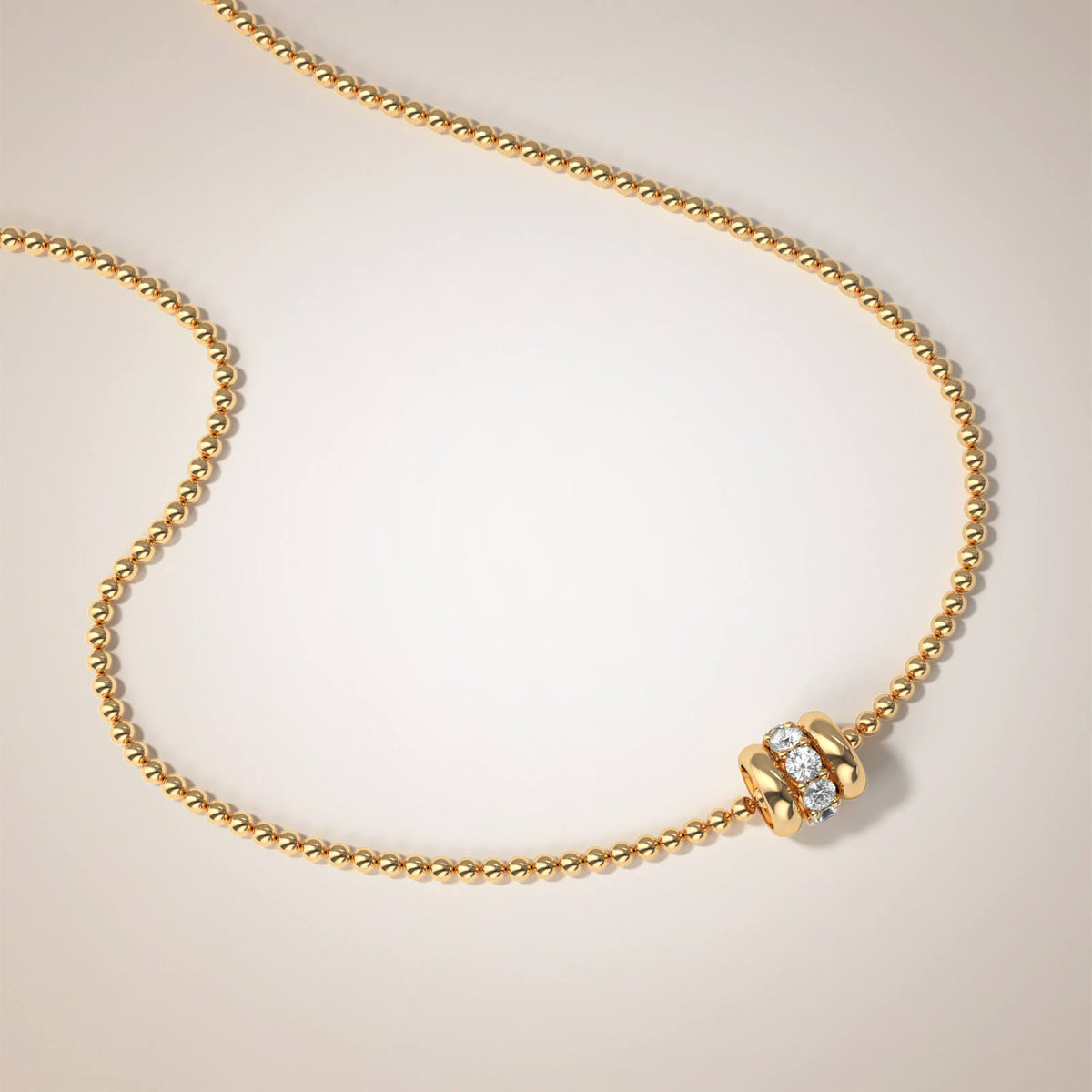 Gold Bead Necklace with Diamond Duo – Luminara, solid 18K yellow gold bead chain with a diamond centrepiece