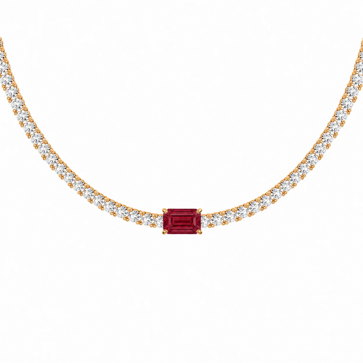 Emerald-Cut Gemstone & Diamond Tennis Necklace
