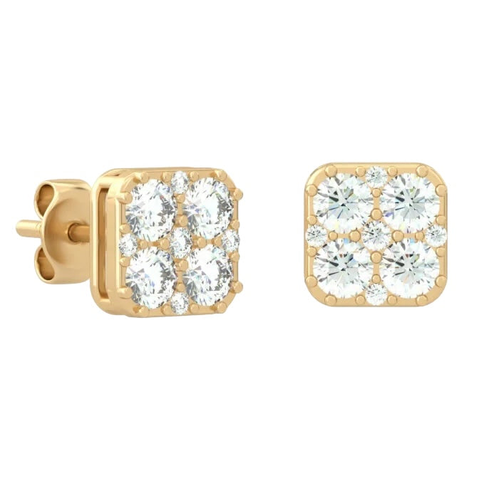 Diamond Cluster Stud Earrings - Cushion