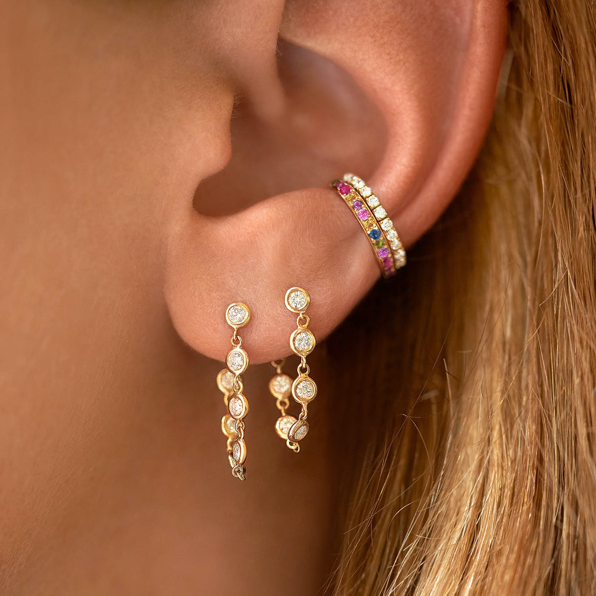 Earring Cuff Single Line Color Stone 18K Gold