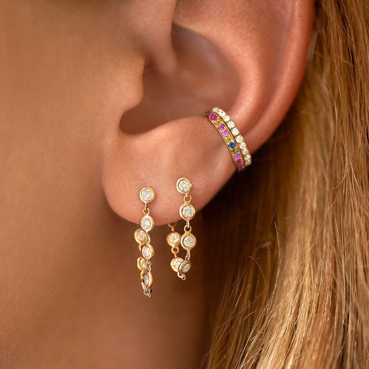 Earring Cuff Single Line Color Stone 18K Gold