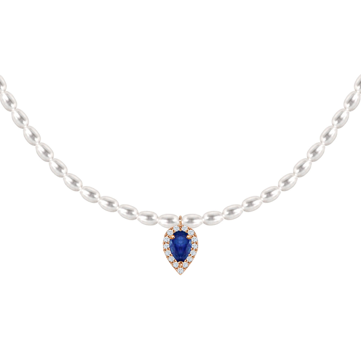Pearl Row & Pear-Cut Precious Stone Necklace – Empress, solid 18K gold, by Aquae Jewels