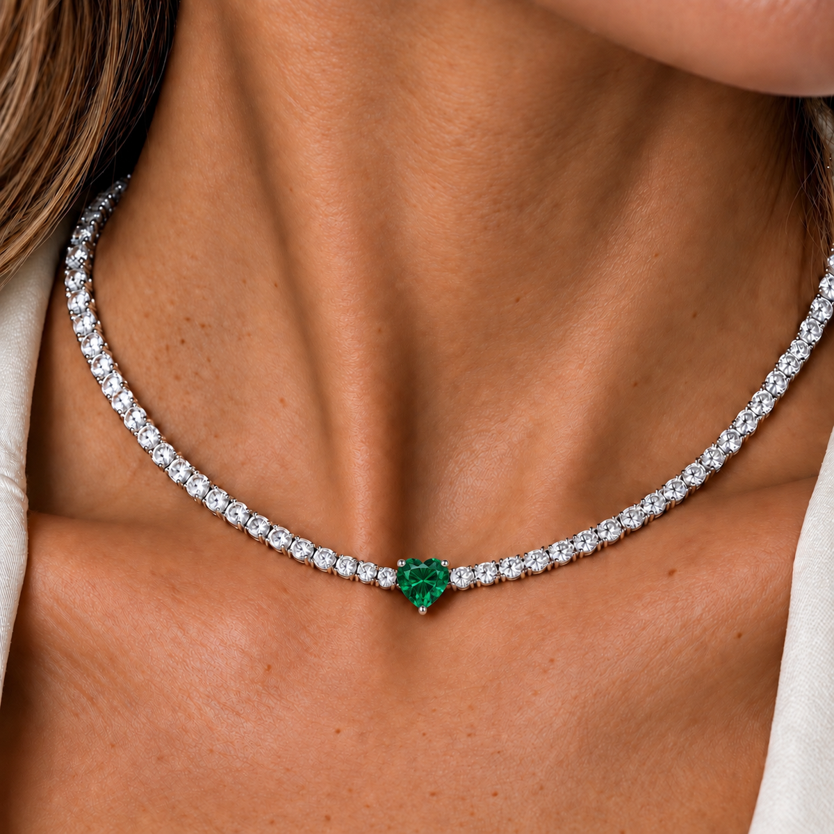 Heart-Cut Gemstone & Diamond Tennis Necklace