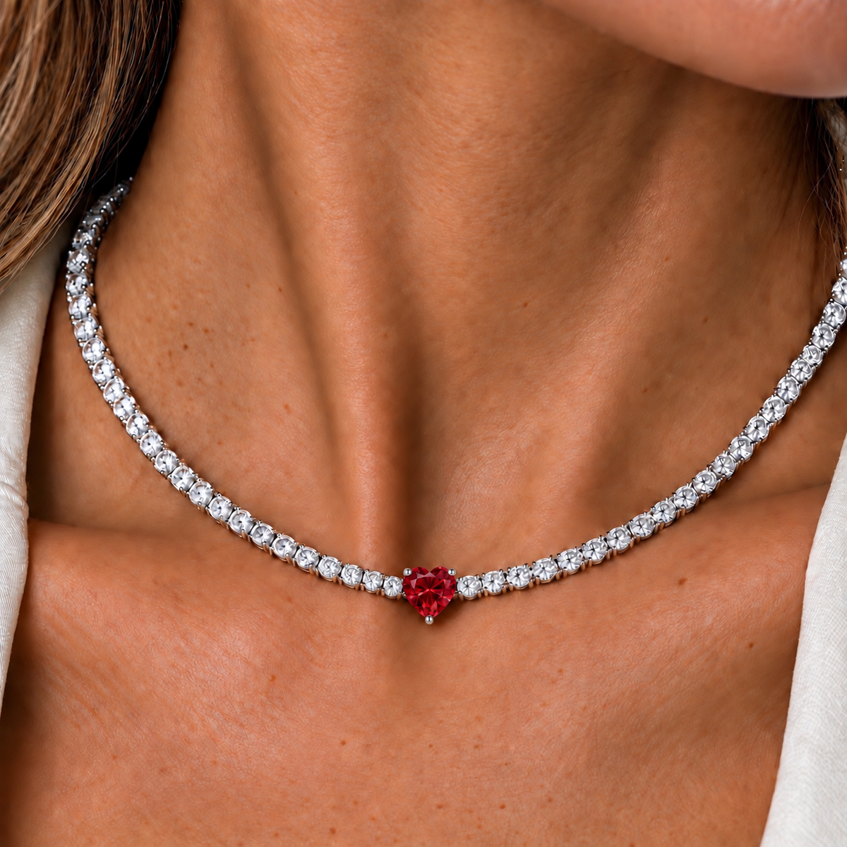 Heart-Cut Gemstone & Diamond Tennis Necklace