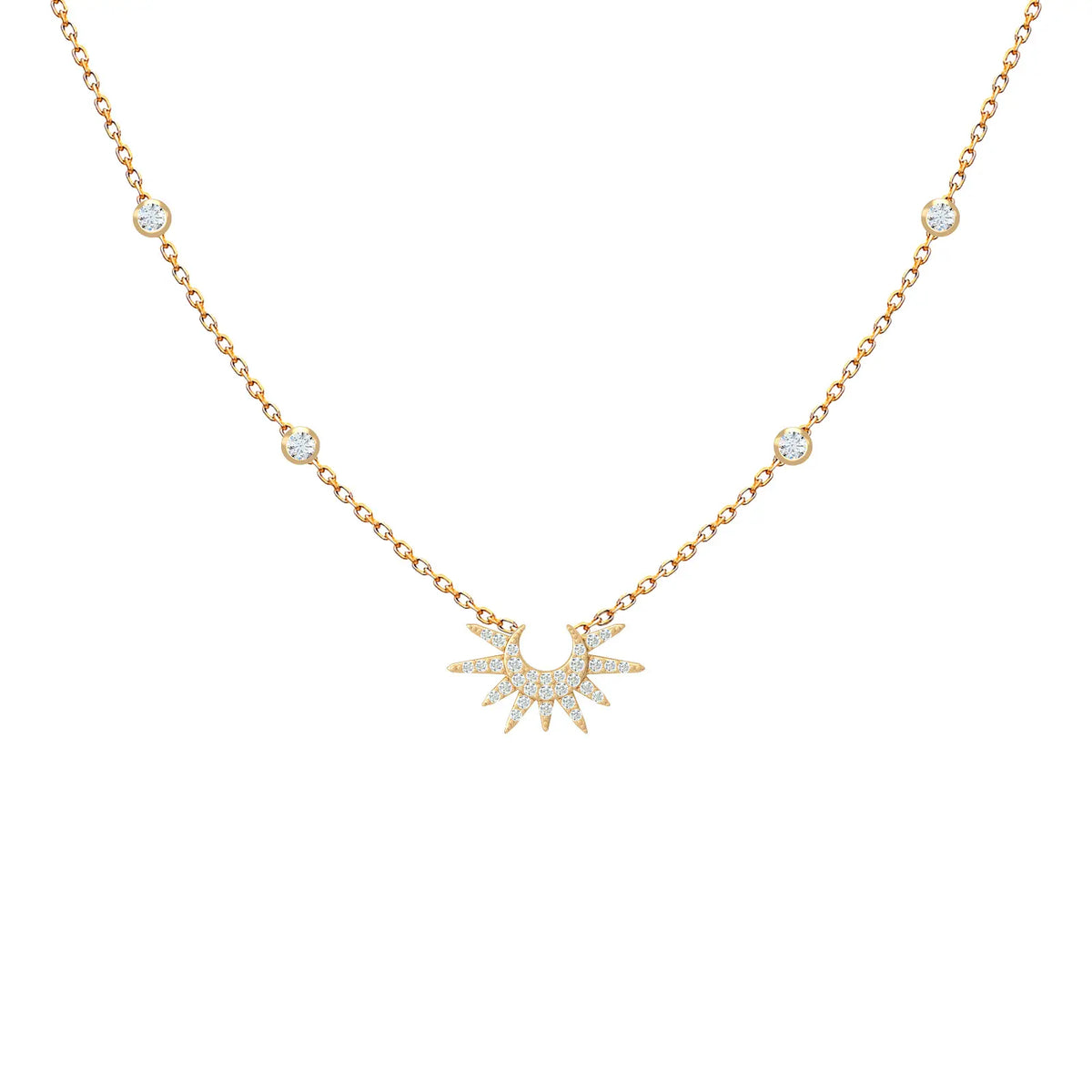 Diamond Sunburst Station Necklace – Helios Aura, four-solitaire version in 18K yellow gold