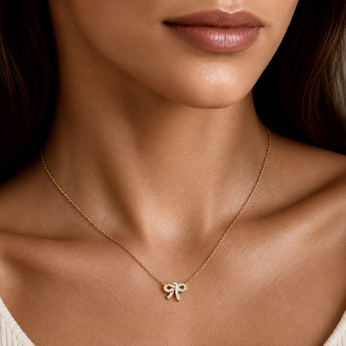 Diamond Bow Pendant Necklace, solid 18K gold, view 3 of 9